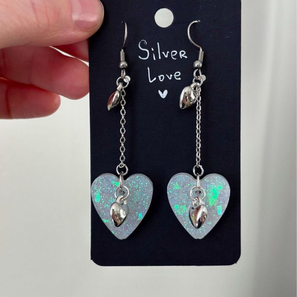 Heart Resin Dangle Earrings with Silver Charms and Iridescent Glitter